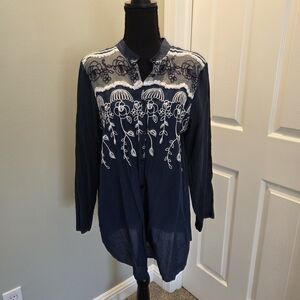 Elegant Navy Blue Men's Shirt Jacket with Embroidery